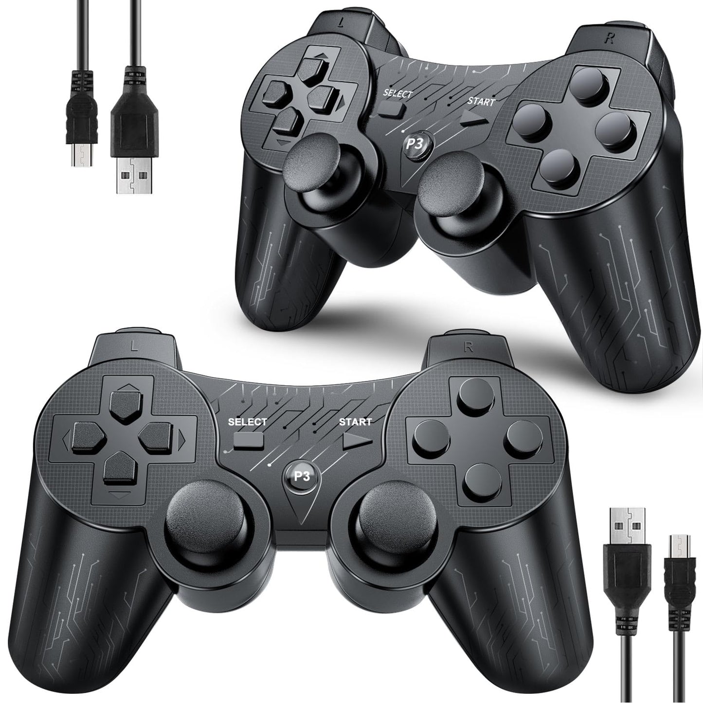OKHAHA Controller 2 Pack for PS3 Wireless Controller for Sony Playstation 3 Double Shock 3 Bluetooth Rechargeable Motion Sensor Remote for PS3 (With Stripes(Black + Black))