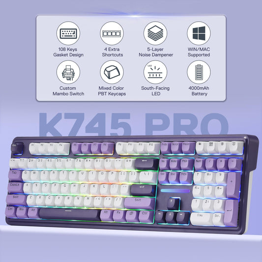 Redragon K745 PRO Wireless RGB Mechanical Gaming Keyboard, 108 Keys, Mint Mambo Switch, Charming Purple, Hot-Swap, Noise Dampening