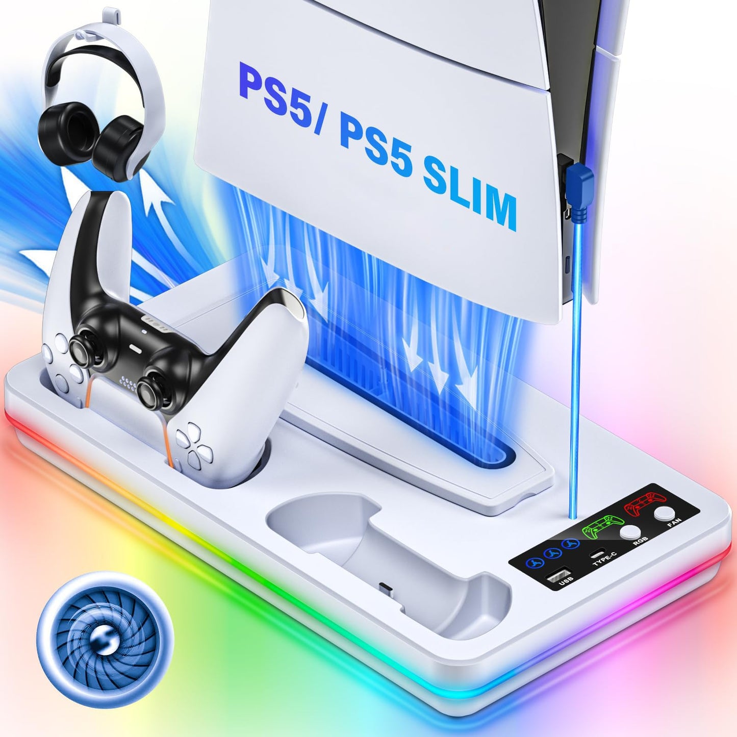 PS5 Slim/PS5 Stand and Cooling Station with Controller Charging Station for Playstation 5 Slim&Standard Disc/Digital Consoles PS5 Cooler Accessories Incl PS5 Controller Charger Cooling Fan