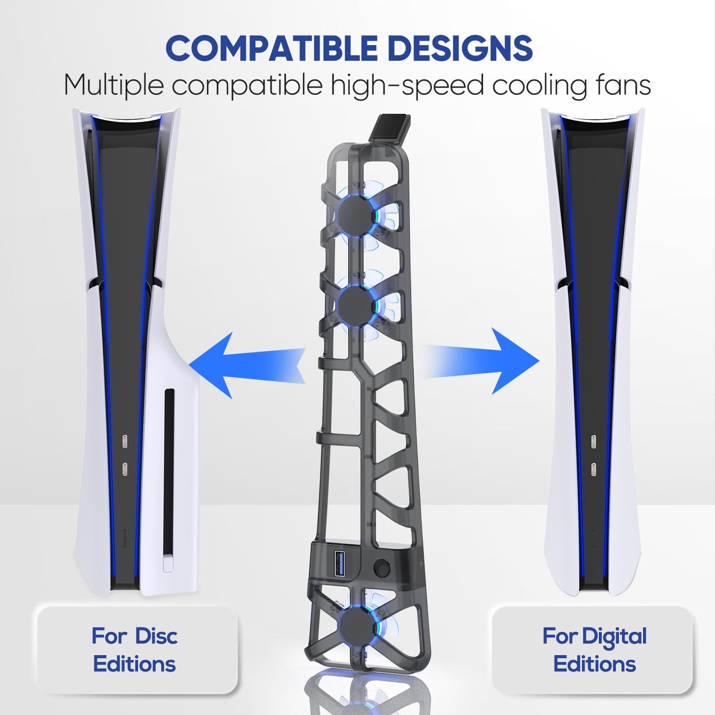 Klipdasse PS5 Slim Cooling Fan - LED Light, Adjustable Speed, USB 3.0, Silent - Black, Model P5S6B