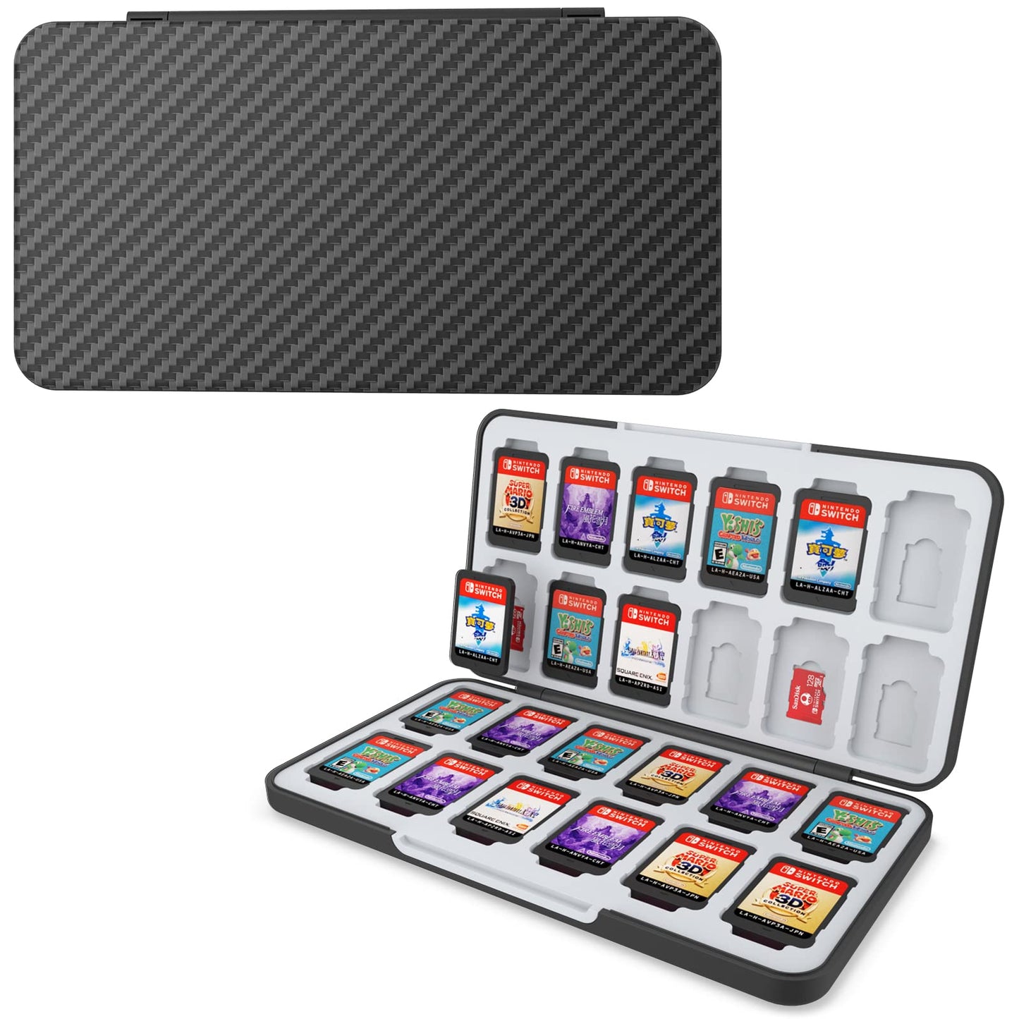 HEIYING Game Card Case for Switch&Switch OLED Game Card or Micro SD Cards Carbon Fibre Surface Processes Design Switch Game Card Case with 24 Game Card sections and 24 Micro SD Card sections.