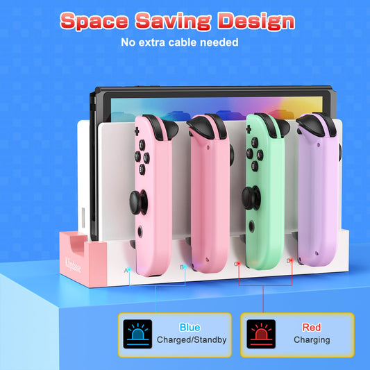 Klipdasse Charging Dock for Nintendo Switch & OLED, Pink-White, Charges 4 Joy-con Handles, Includes Indicator Light