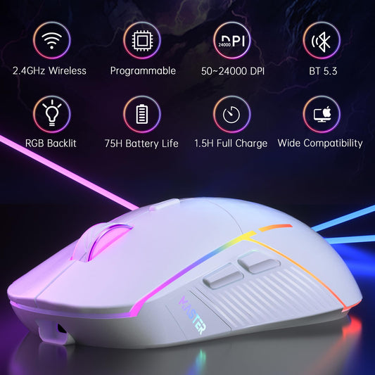 FFJ Wireless Gaming Mouse - 24000 DPI, Tri-Mode 2.4G/USB-C/Bluetooth, RGB, 75Hrs Battery Life, Rechargeable, White, Model Master