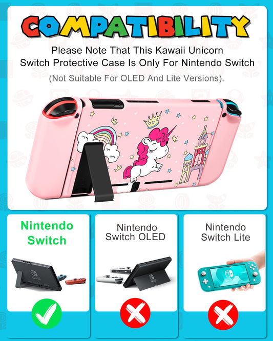 Gurgitat 9-in-1 Unicorn Switch Case Bundle for Nintendo Switch - Pink, Includes Game Holder, Grip, Skin, Strap & Sticker