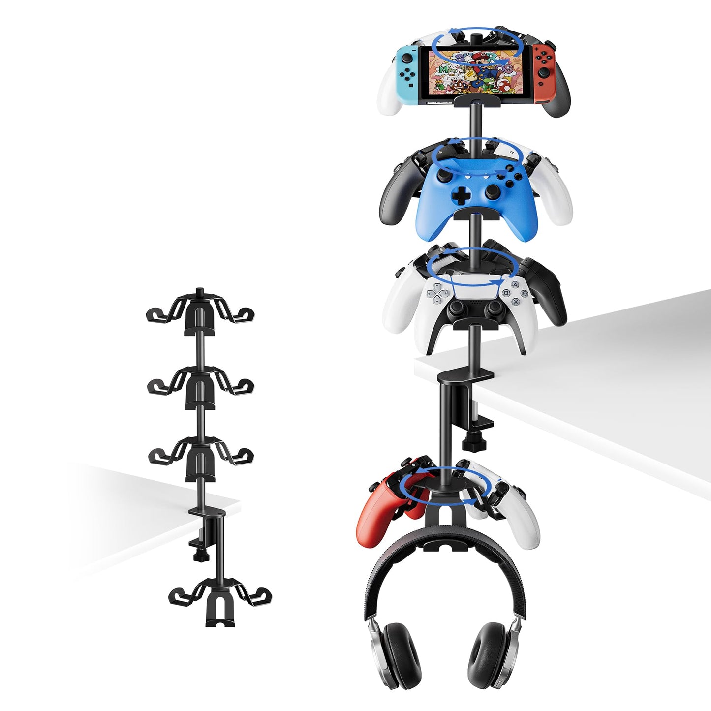 ZHGM Rotatable Aluminum Desk Clamp Controller Holder, 4 Tier Universal Under Desk Controller Headphone Stand Compatible with Xbo