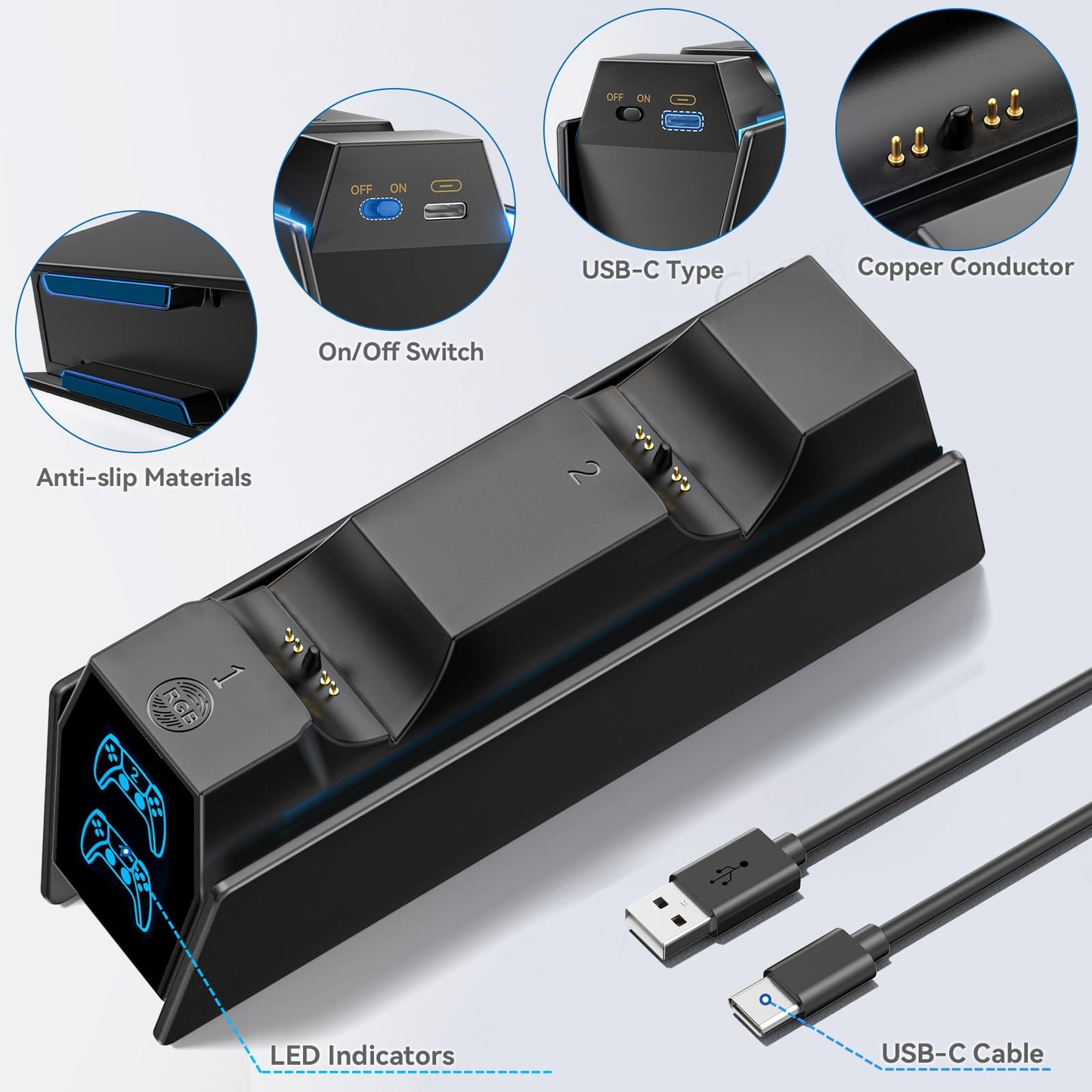 Tokluck PS5 Controller Charger Station with LED Indicator & On-off Switch, Deep Black, Compatible with Dual Controllers & Faceplates
