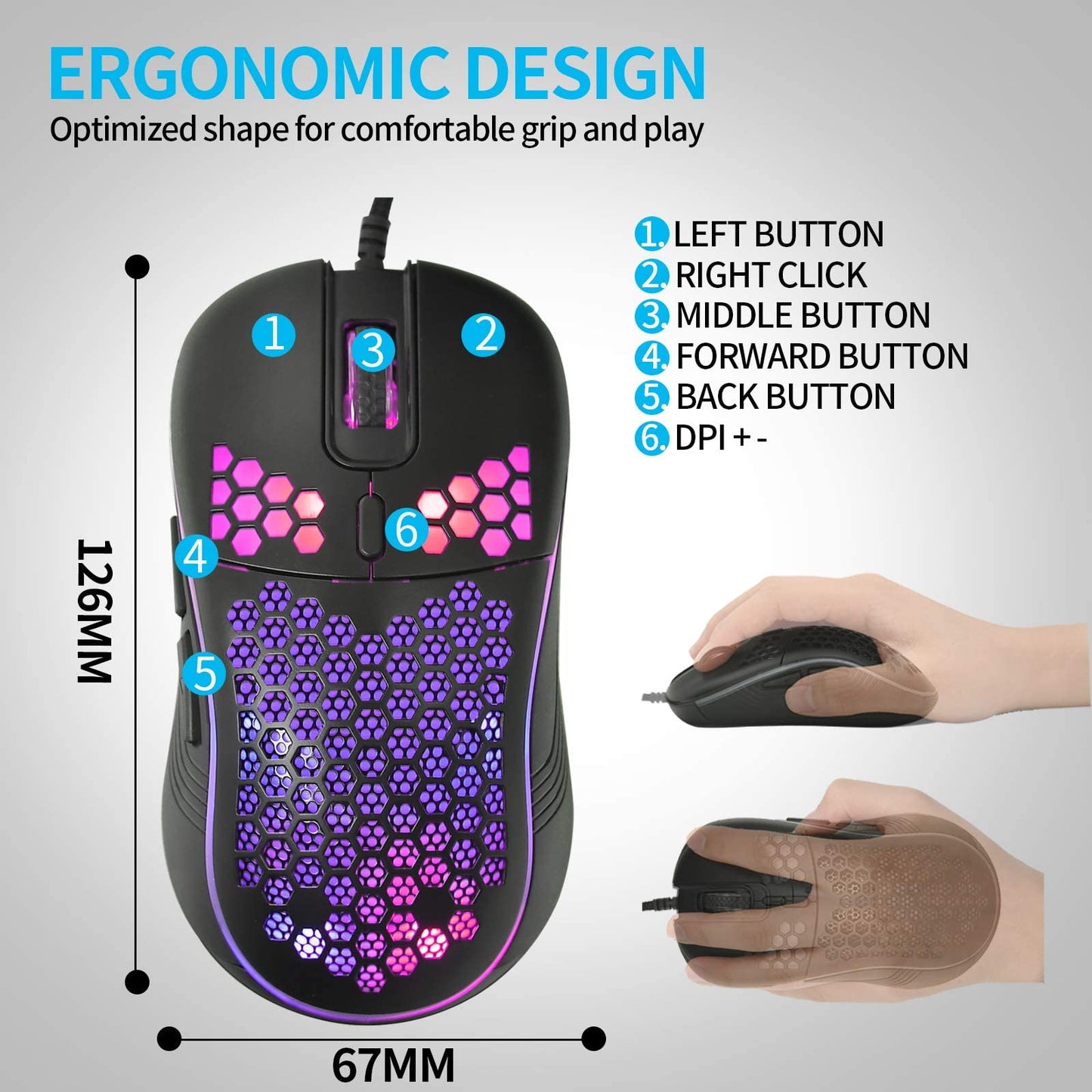 Techsea Honeycomb Wired Gaming Mouse - RGB Backlight, 7200 DPI, Ergonomic, Lightweight, USB, Black
