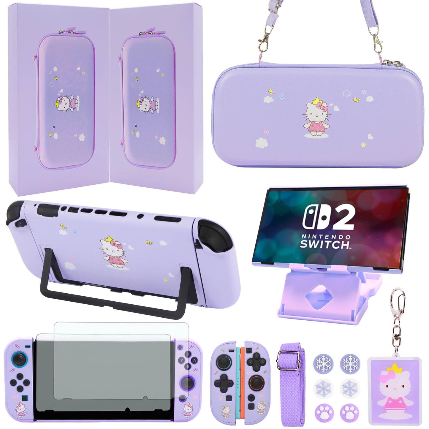 GUTIAL Accessories Set for Nintendo Switch 2 2025 - Cute Kawaii NS 2 Accessories kit for Grils Boys Kids with Travel Carrying Case and Cartoon Protective Cover Screen Protector Stand - Purple