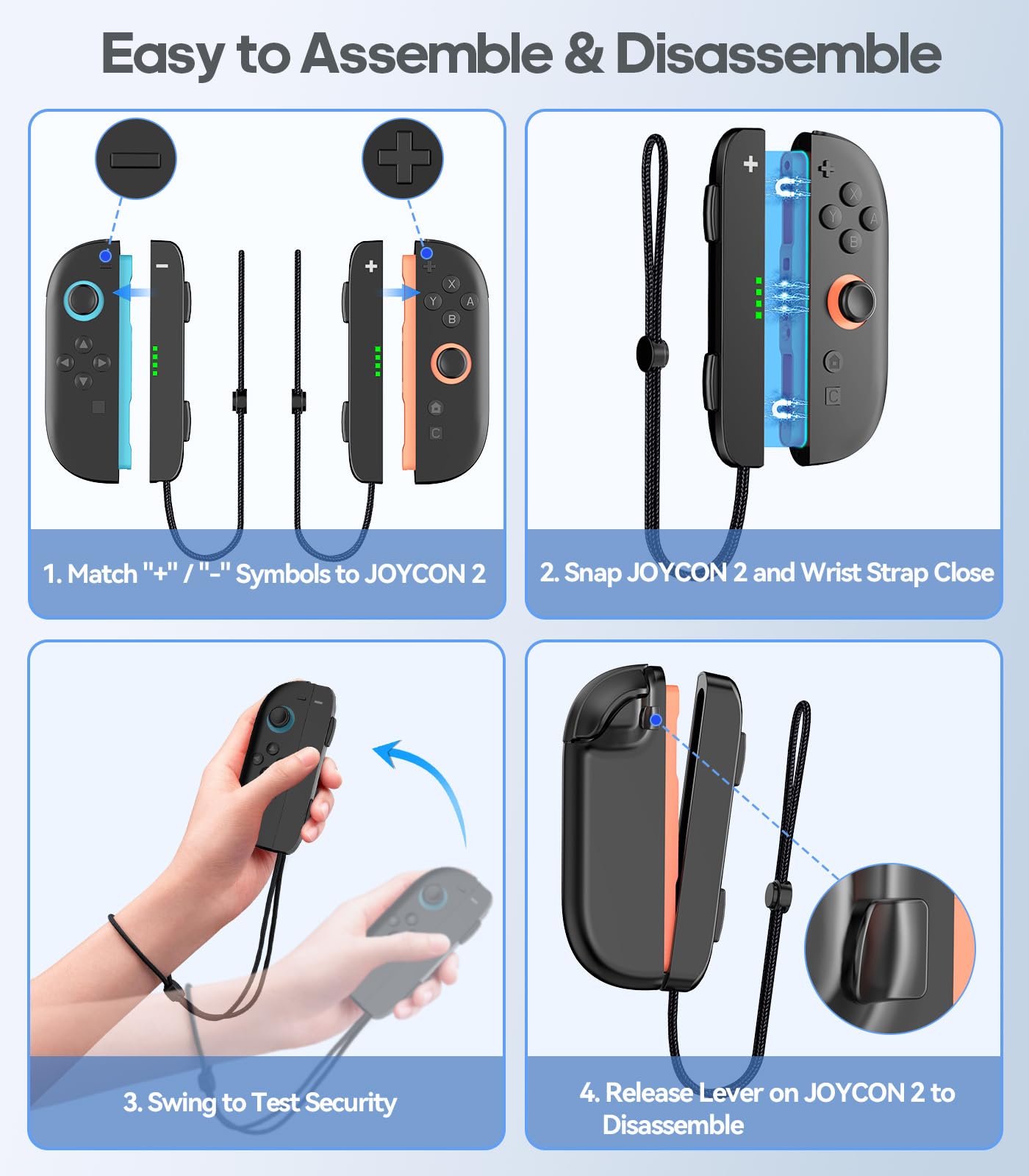 Rysker Adjustable Wrist Straps for Nintendo Switch Joycon 2, Ergonomic Lanyard Grip, Black, 2 Pack Replacement Accessories