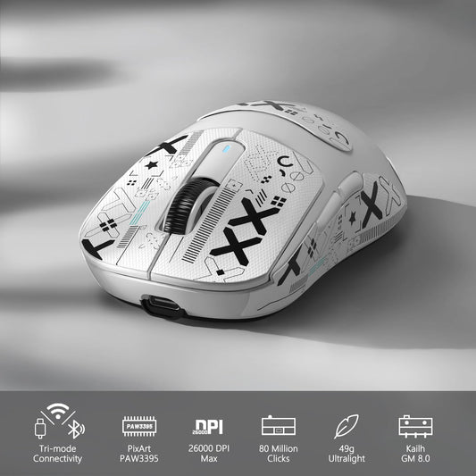 MAMBASNAKE Attack Shark X3 Wireless Gaming Mouse - 49g Ultralight, 26000 DPI, Bluetooth/2.4Ghz/Wired, White&Tape