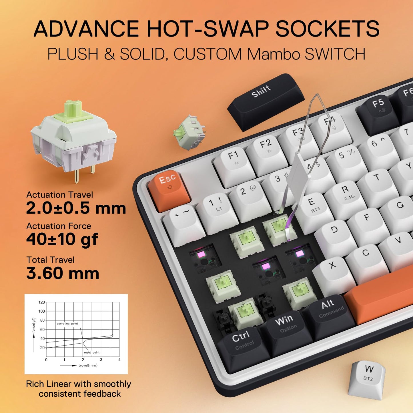 Redragon K689 PRO Wireless RGB Mechanical Keyboard - 108 Keys, Hot-swappable, Round PBT Keycaps, Black Tangerine