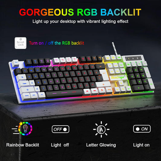 BlueFinger RGB Gaming Keyboard & Backlit Mouse Combo, USB Wired LED Set, White & Black