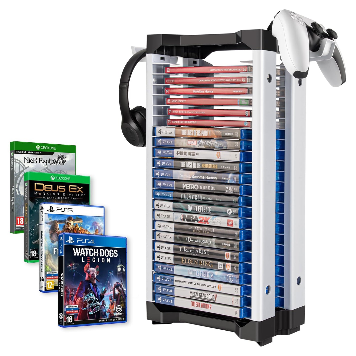 ASFSKY Video Game Storage Tower - 24 Game Holder Stand with 2 Hooks for Controllers Universal Organizer Compatible with PS5 PS4 Xbox Switch Games (23)