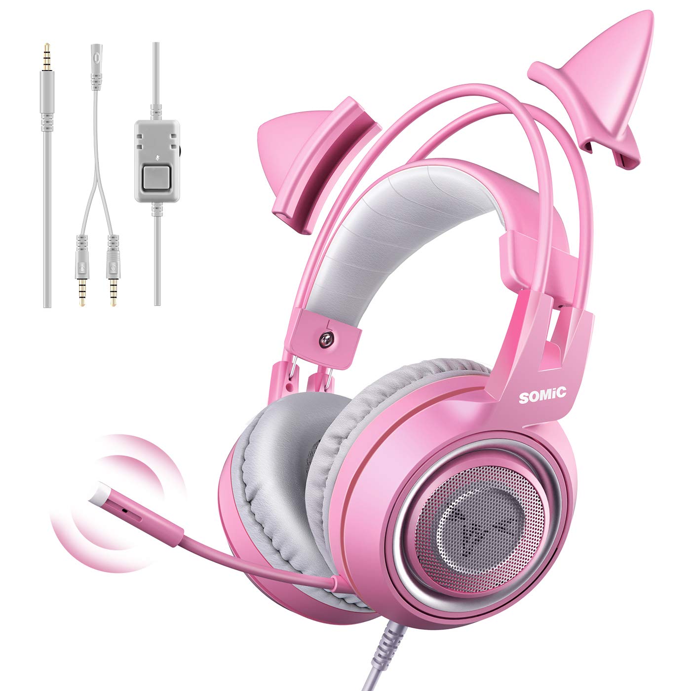 SOMIC G951s Pink Stereo Gaming Headset with Mic for PS4 Xbox PC Mobile Phone 3.5mm Noise Reduction Cat Ear Headphones Lightweight Over Ear Headphones for Girls
