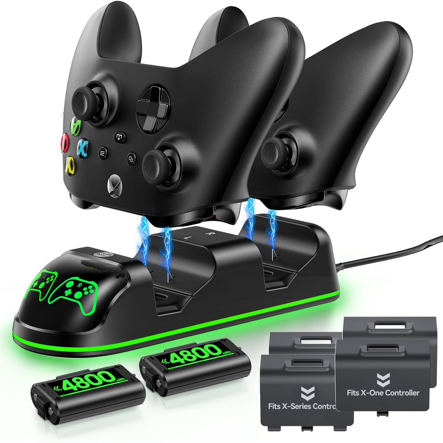Controller Charger Station with 2x4800mWh Rechargeable Battery Packs Compatible with Xbox One/Elite/Series X|S Controller Charging Dock XB Gaming Accessories with 9 RGB Modes and 4 Battery Covers