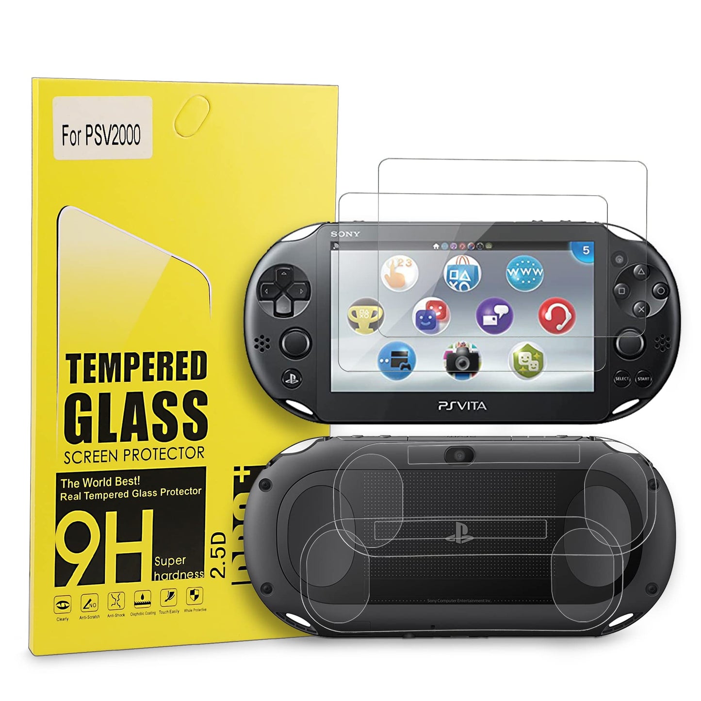 Xahpower PS Vita 2000 Screen Protector 9H Tempered Glass Front Screen Protector and HD Clear PET Back Screen Protective Film for Sony PlayStation Vita 2000