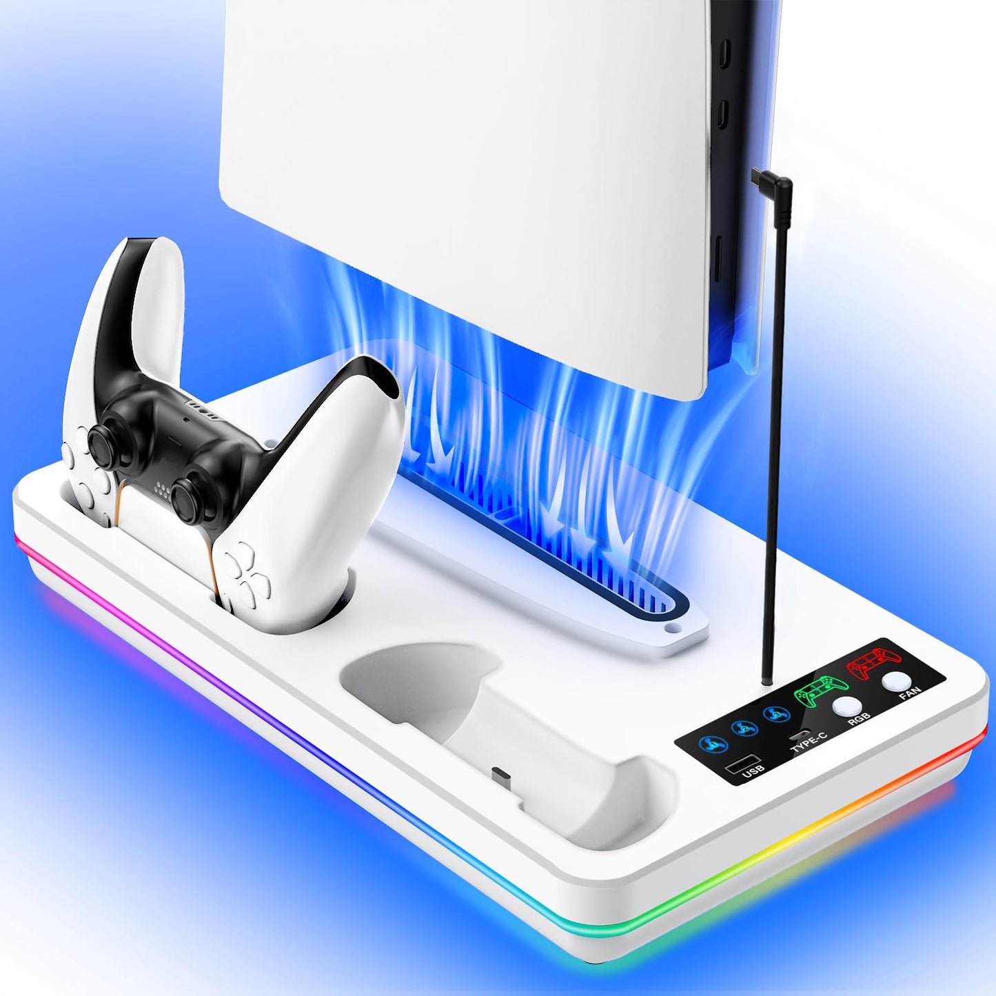 PS5/PS5 Slim/PS5 Pro Stand and Cooling Station with Controller Charging Station for PlayStation 5 Slim&Standard Disc/Digital Console 10 RGB Light PS5 Cooler Accessories Incl 3 Levels Cooling Fan
