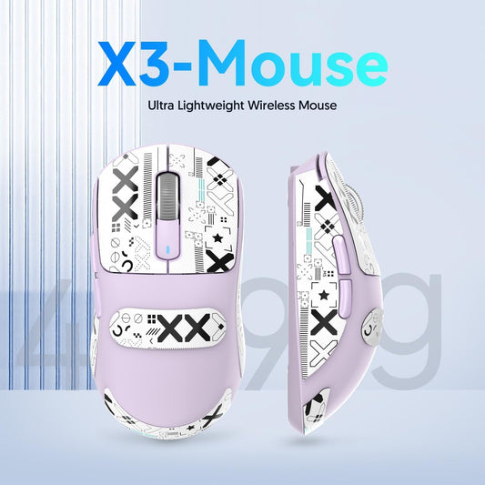 MANBASNAKE ATTACK SHARK X3 Wireless Gaming Mouse - 49g, 26K DPI, 200h Battery, Lavender & Griptape, Ergonomic for PC/Laptop