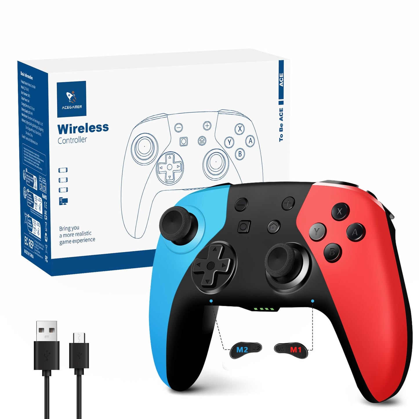 AceGamer Wireless Pro Controller for Nintendo Switch 2/Switch/Lite/OLED/Windows PC Bluetooth Controller with Hall Effect Joysticks Wake-up/Turbo/Dual Vibration/Macros/6-Axis Gyro/Screenshot