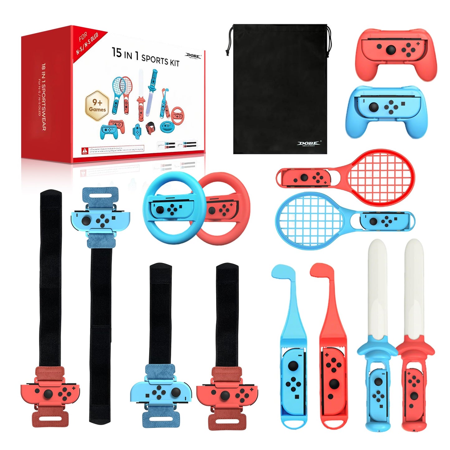 15 in 1 Switch Sports Accessories Bundle with Storage Bag Compatible with Nintendo Switch/OLED Joy-con for Authentic Switch Sports Games Experience Double Player Family Gatherings Social Icebreaker Holiday Essentials Accessories Kit
