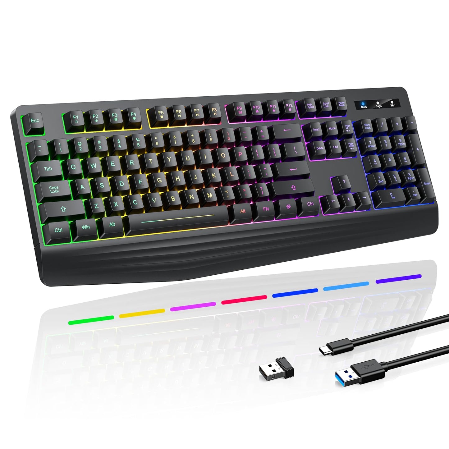 Wireless Gaming Keyboard RGB & Single-Color Backlit Full-Size Waterproof Computer Keyboard Silent Keys Wrist Rest Sleep Mode Rechargeable 2.4G Wireless Keyboard for Windows Mac PC Laptop