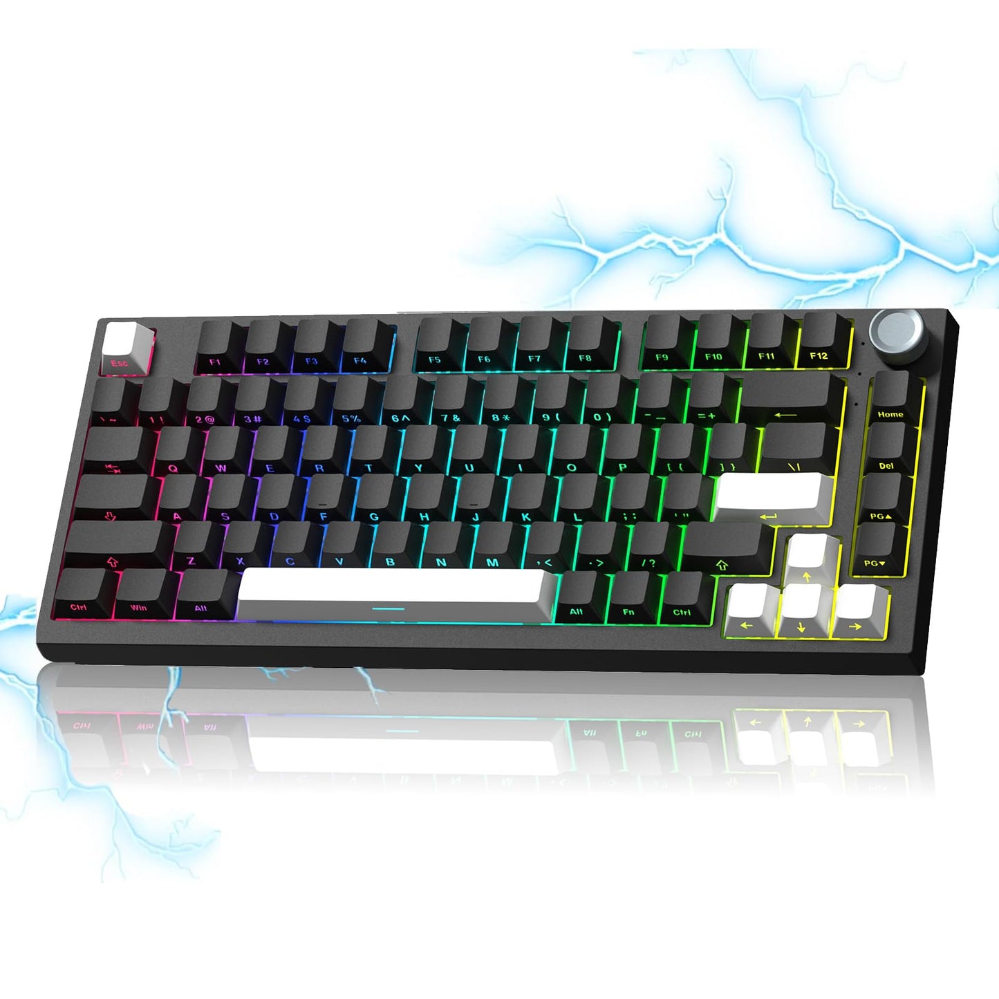 Keymatic Wireless Mechanical Keyboard 75% Hot Swappable Custom Keyboard with Knob RGB Backlit Side Printed PBT Keycaps 2.4GHz/USB-C/BT5.0 Mechanical Gaming Keyboards