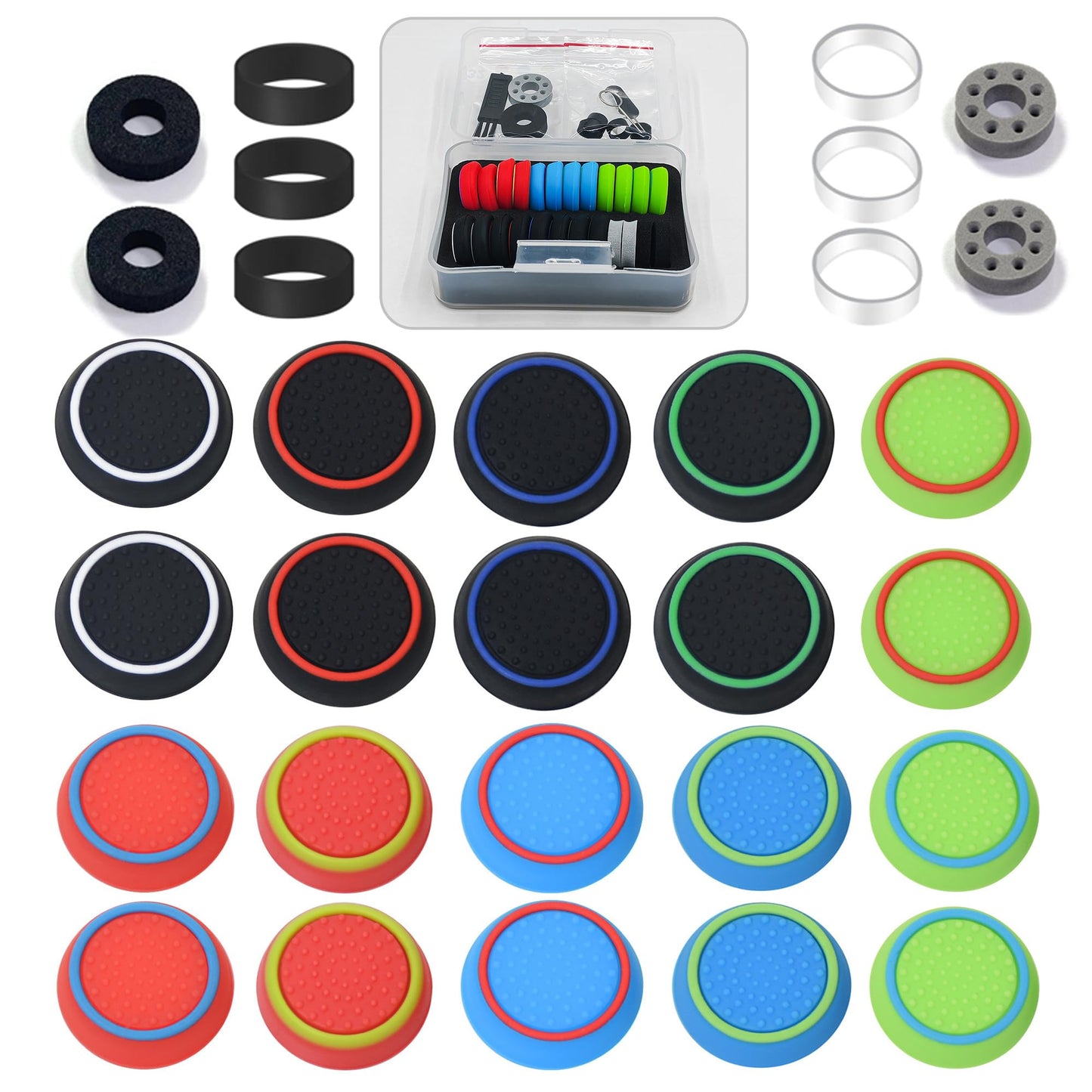 ZHI-NYLLDJS Controller Thumb Grips for PS5/4 Controller Thumb Caps for Xbox Joystick Stick Grips for Switch Pro Controller Precision Rings&Thumb Grips Set(30pcs)(Red&Blue&Green) A&D