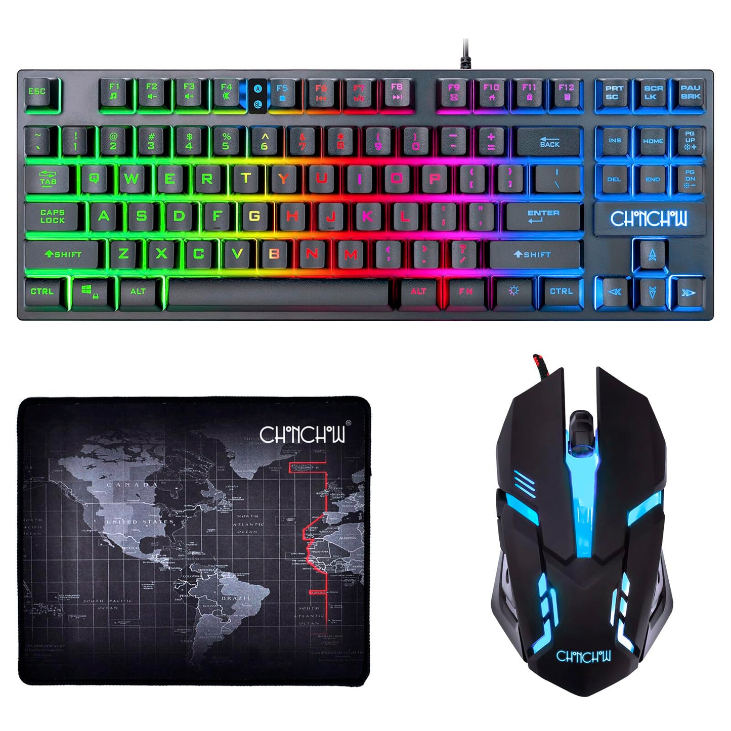 CHONCHOW 87 Keys TKL Gaming Keyboard and Mouse Combo Wired LED Rainbow Backlit Keyboard 800-3200 DPI RGB Mouse Gaming for PS4 Xbox PC Laptop Mac