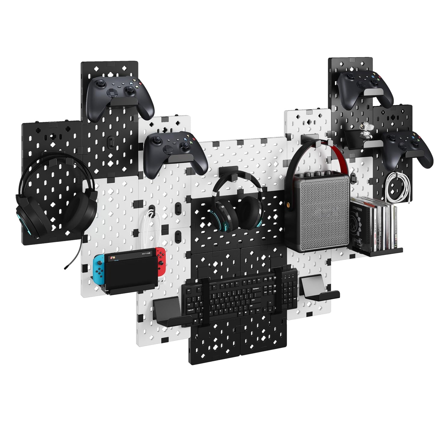 PEGZONE Controller and Headphone Holder Wall Mount Modular Gaming Pegboard with Accessories Controller Stand for Xbox PS5 PS4 Switch Video Game Storage Disc Shelf 14pcs Pegboard Black & White