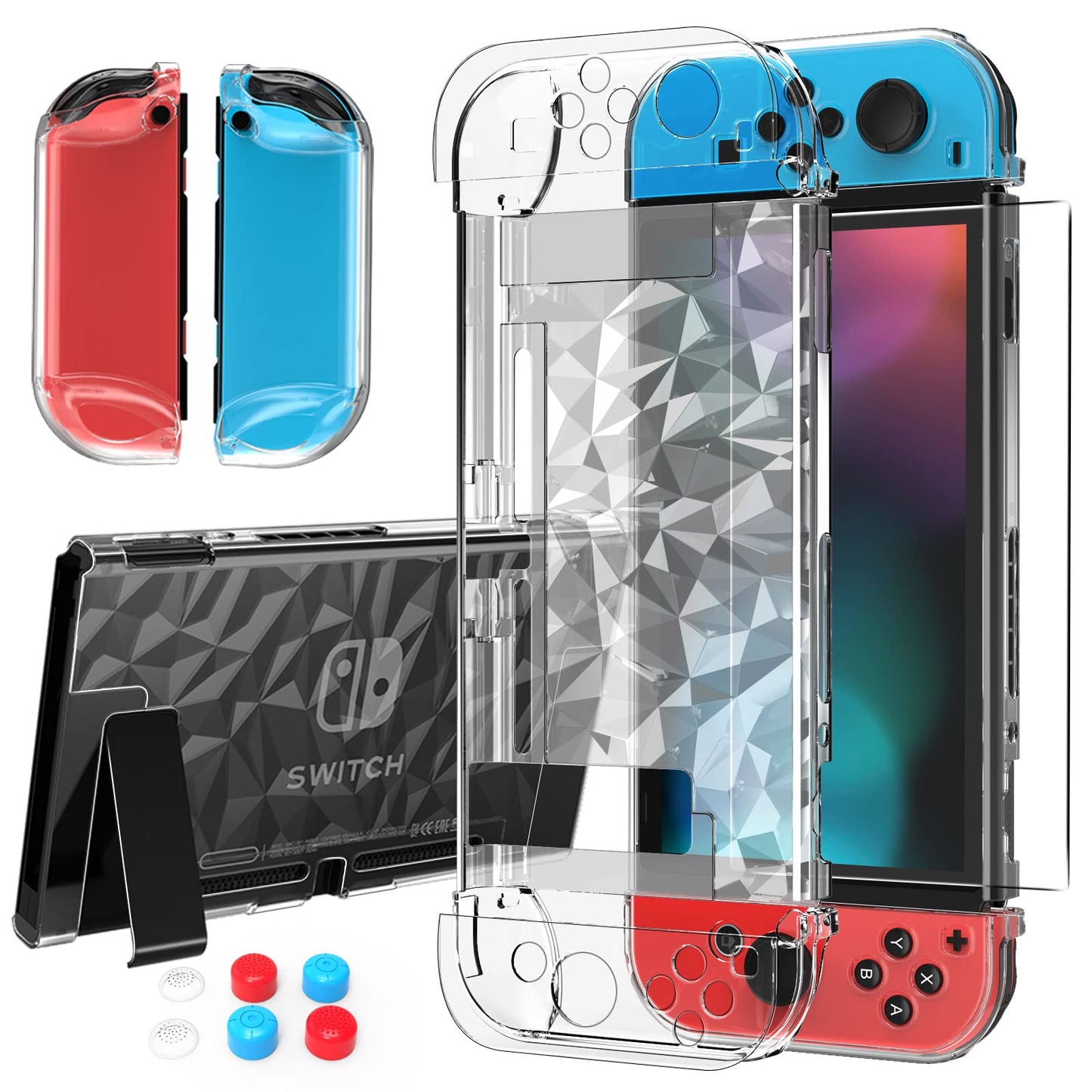 Case Compatible with Nintendo Switch with Protective Film Transparent Protective Case for Nintendo Switch with Switch Protective Film and Grip Cover Case Shock Absorption and AntiScratch
