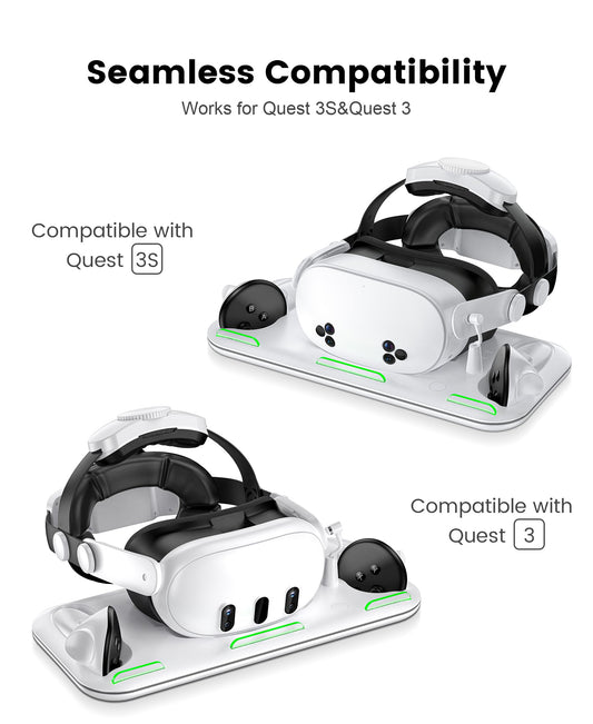 NinxGloy Charging Dock for Meta Quest 3/3S - Magnetic Stand with 3 Indicators, Includes 2 Rechargeable Batteries, White