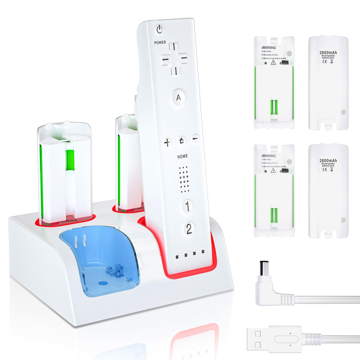 Wii Controller Charger and Rechargeable Battery - 4 Pack 2800mAh Wii Remote Battery Pack Rechargeable and Charging Station for Wii/Wii U Controller Wii Remote Battery Charger with Charging USB Cable