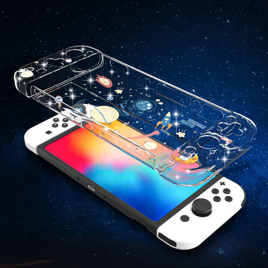 NANANINO Switch OLED Protective Case - Space Theme, Plastic, with Tempered Glass Screen Protector & Thumb Grip Caps