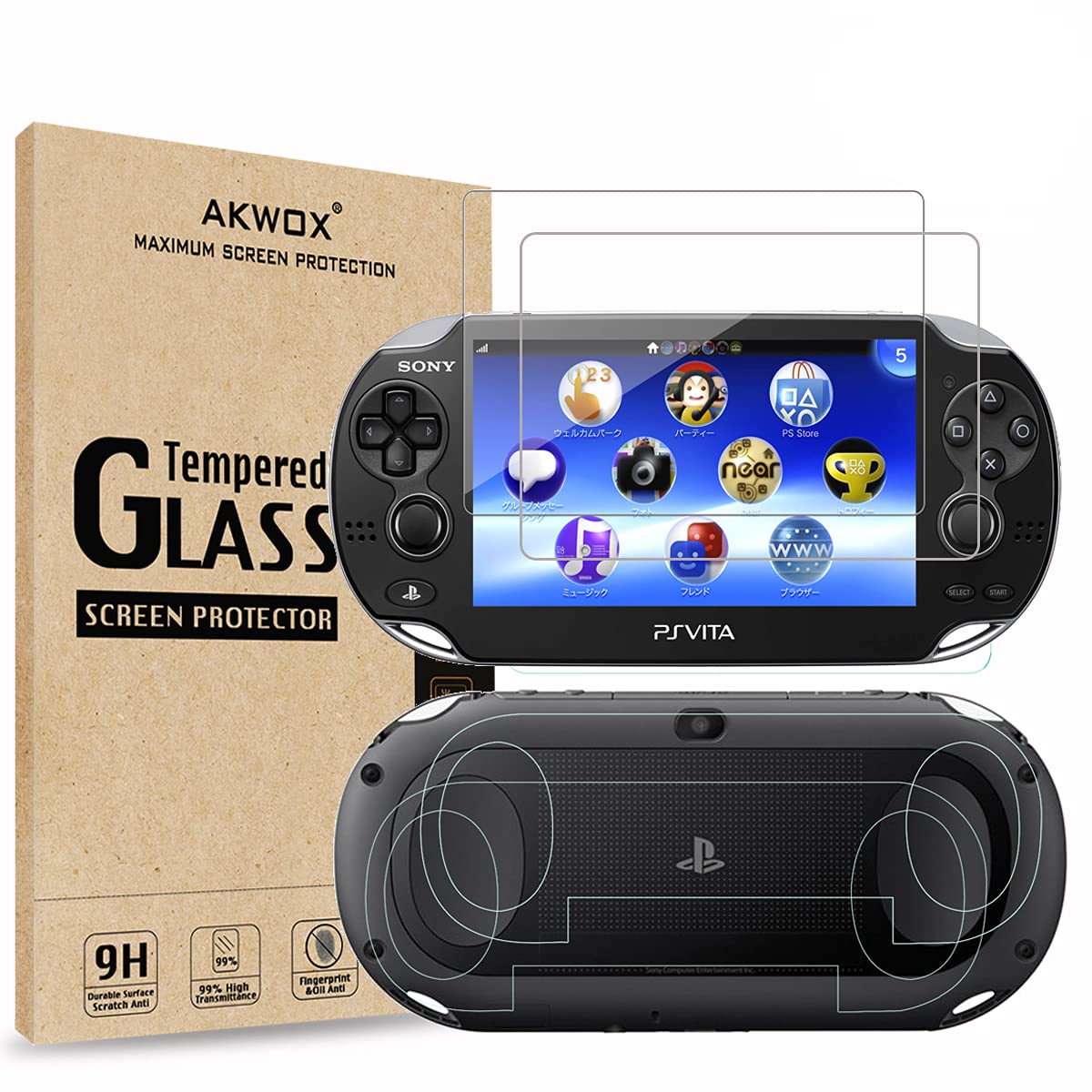 (4-Pack) 2 Front+2 Back Covers Screen Protectors for Sony PlayStation Vita 1000 Akwox 9H Tempered Glass Front Screen Protector and HD Clear PET Back Screen Protective Film for PS Vita PSV 1000