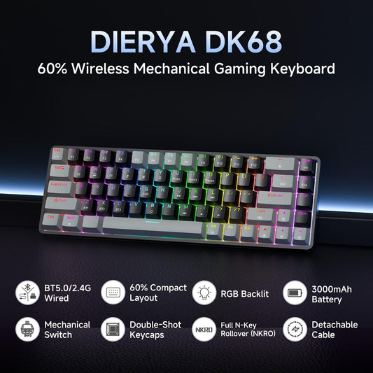 DIERYA DK68 Wireless Mechanical Gaming Keyboard - 60% Compact, Clicky Blue Switch, RGB Backlit, Grey/Black