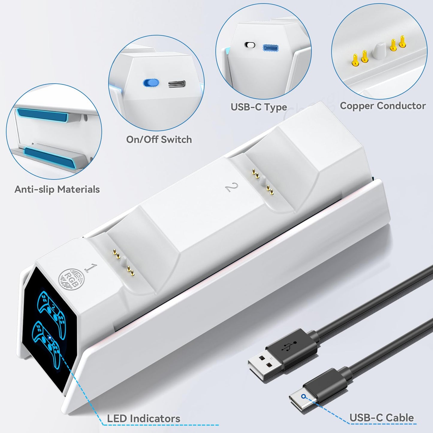 Tokluck PS5 Controller Charger Station - Dual Charging Dock, LED Indicators, White