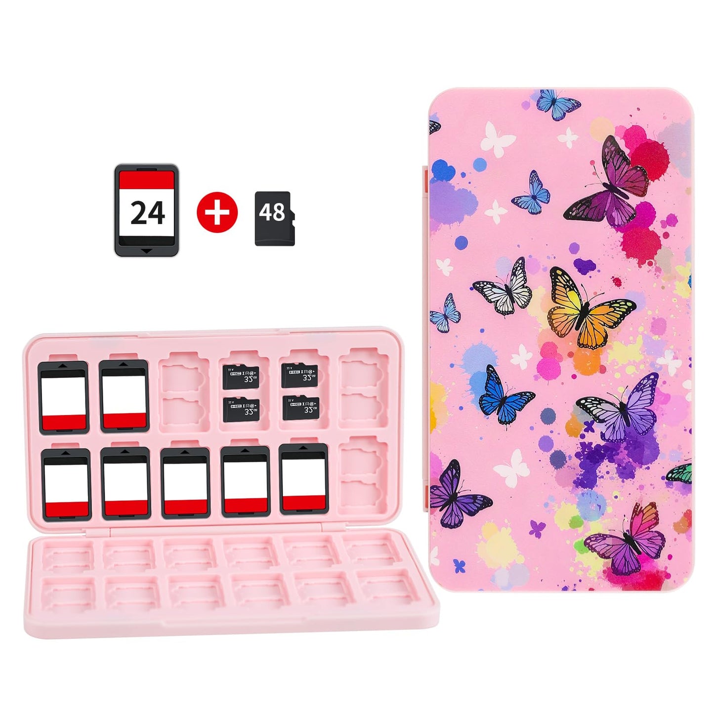 FlyingMage Switch 2 Game Case Holder for Nintendo Switch 2/OLED/Lite Games & Micro SD Cards Cute Switch2 Game Card Holder Cartridge Case with 24 Slots Game Card Storage - Pink Butterfly