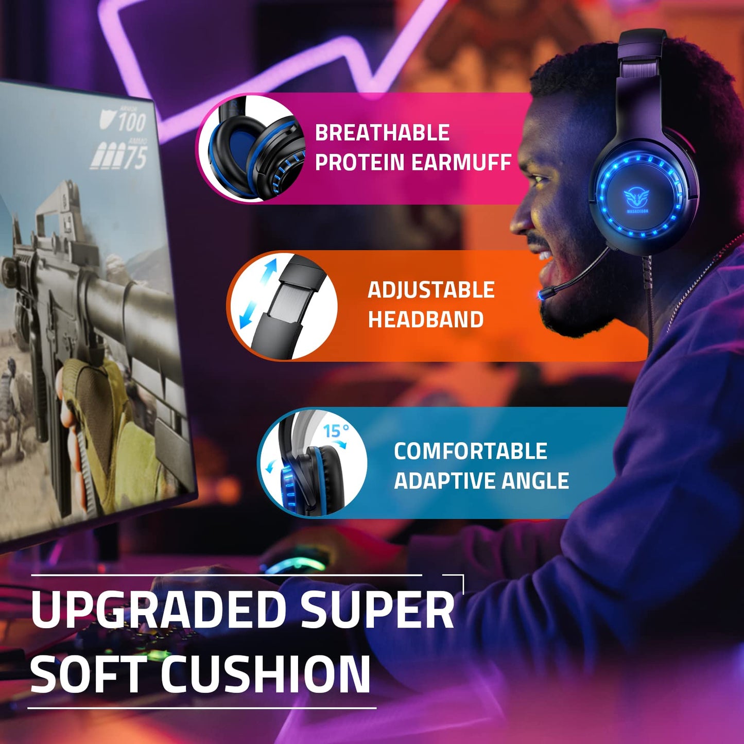 Pacrate H-11 Gaming Headset - Noise Cancelling, LED Lights, PS5/PS4/Xbox/PC, Black Blue