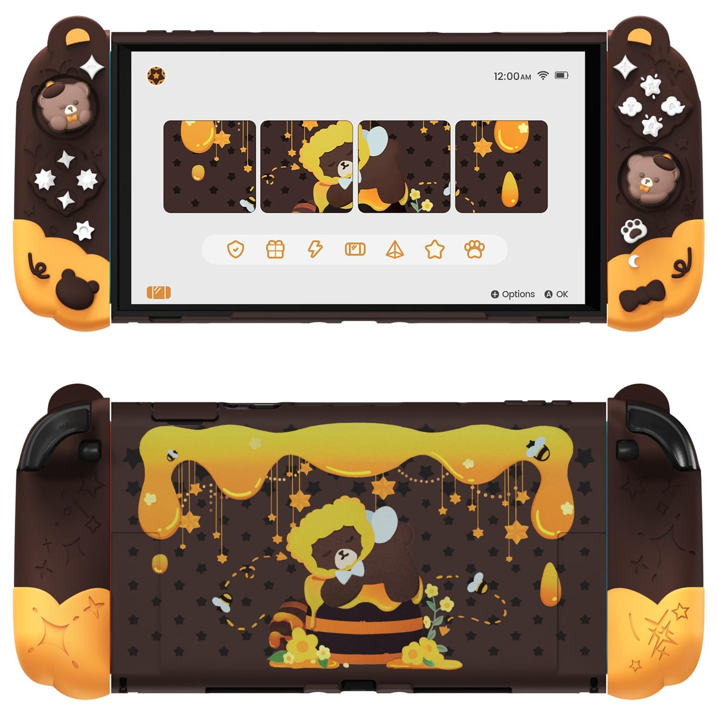 PlayVital Good Night Bear Dockable Case for Nintendo Switch 2 with Stand | Split Design Silicone Joycon Grips PC Console Hard Shell 2 Joystick Caps | Cute Protective Cover Bundle - Brown