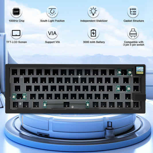 ZMX GMK67S 65% Gasket Mount Wireless Mechanical Keyboard - Hot Swap PCB, BT5.0/2.4G, Custom RGB, TFT-LCD Screen, Black