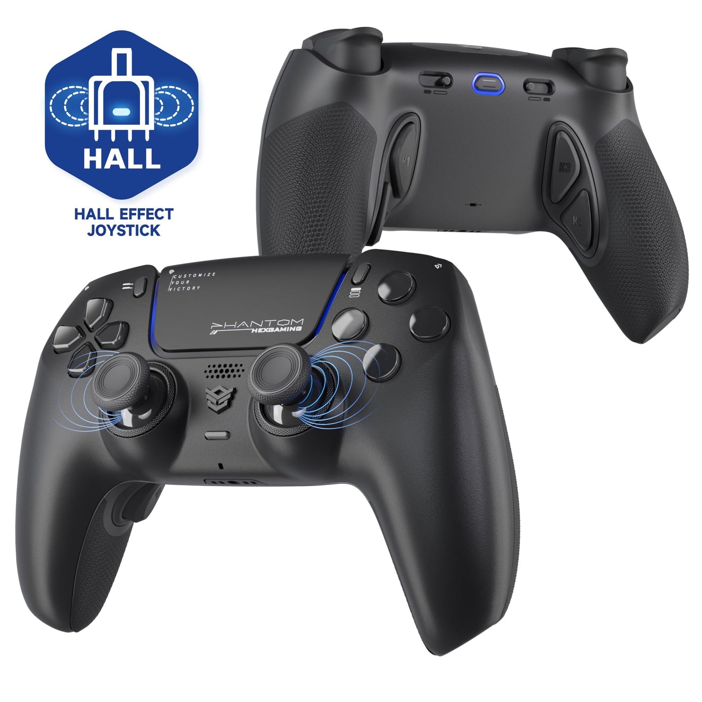 HEXGAMING PHANTOM Pro Controller with 4 Remappable Buttons 6 Remapping Profiles 8 Interchangeable Analog Stick and Adjustable Triggers Compatible with ps5 PC Mobile - Hall Effect Chaos Black