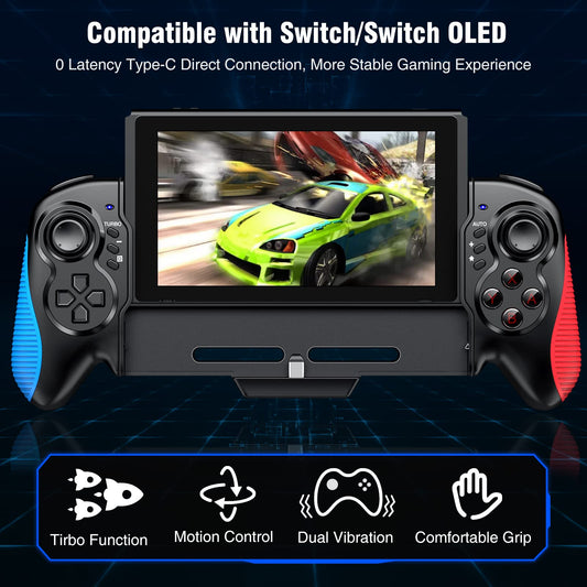 HUDOBBYE Switch Controller - Ergonomic Rechargeable Grip, Turbo & Dual Vibration, Red-Blue for Switch/Switch OLED Handheld Mode