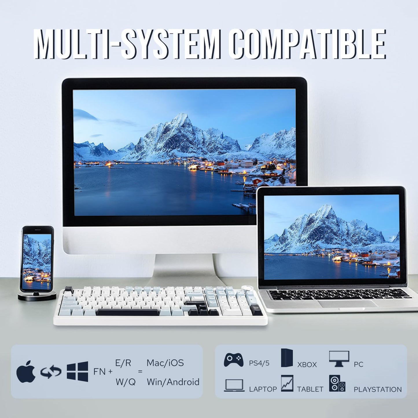 EPOMAKER F99 PRO Wireless Gaming Keyboard, 8000mAh Battery, Hot Swappable, RGB Backlit, Blue&White, 2.4GHz/BT5.0, NK