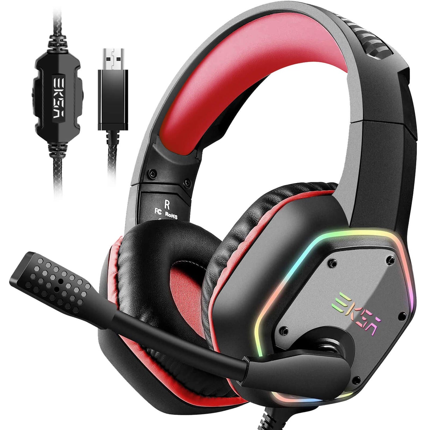 EKSA E1000 Gaming Headset Computer Headphones with Noise Canceling Mic & RGB Light 7.1 Surround Sound Compatible with PC PS4 PS5 Console Laptop (Red)