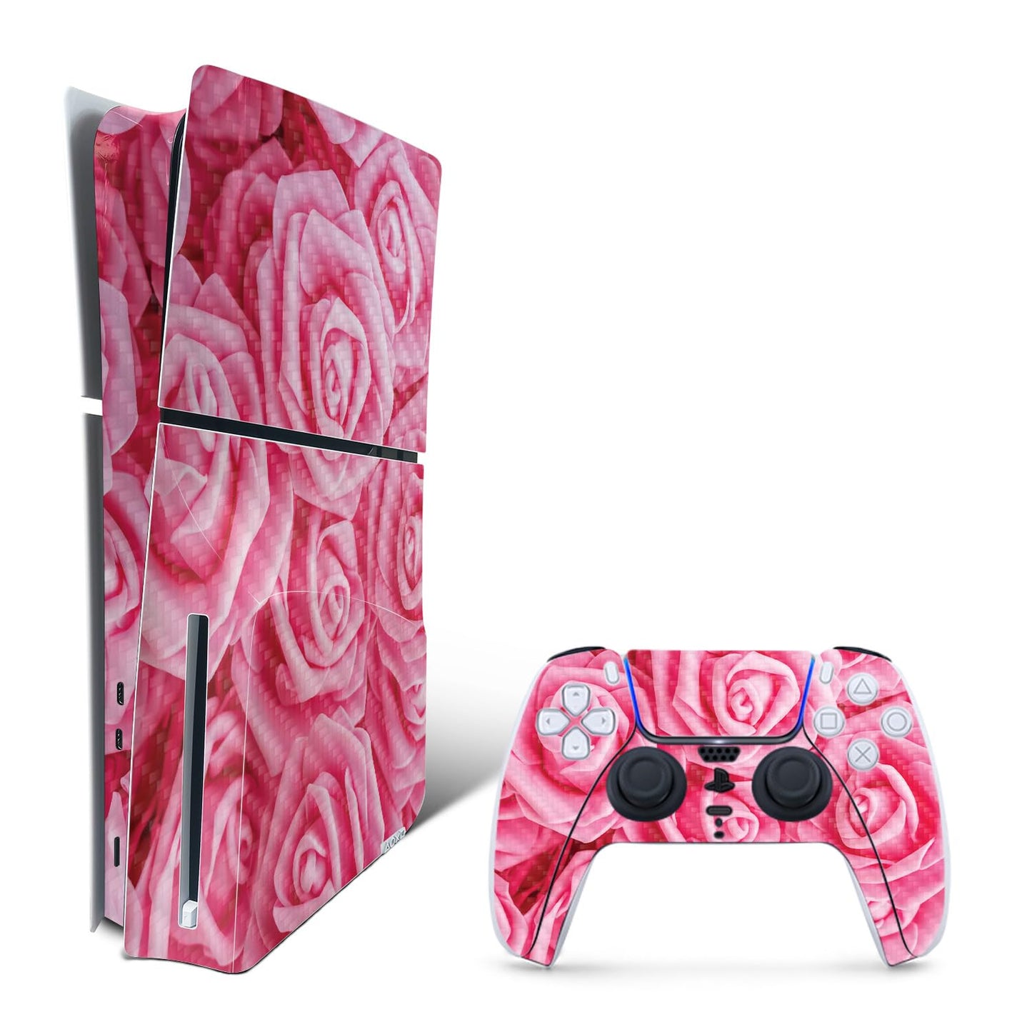 MightySkins Carbon Fiber Skin for PS5 Playstation 5 Slim Disc Edition Bundle - Super Pink Roses Protective Durable Textured Carbon Fiber Finish Easy to Apply and Change Styles Made in The USA
