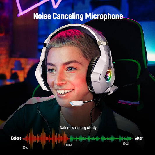 Ozeino Gaming Headset - 7.1 Surround Sound, Noise Cancelling Mic, RGB Light, Large, White, Model ZW1 for PC, PS4, PS5, Xbox Series