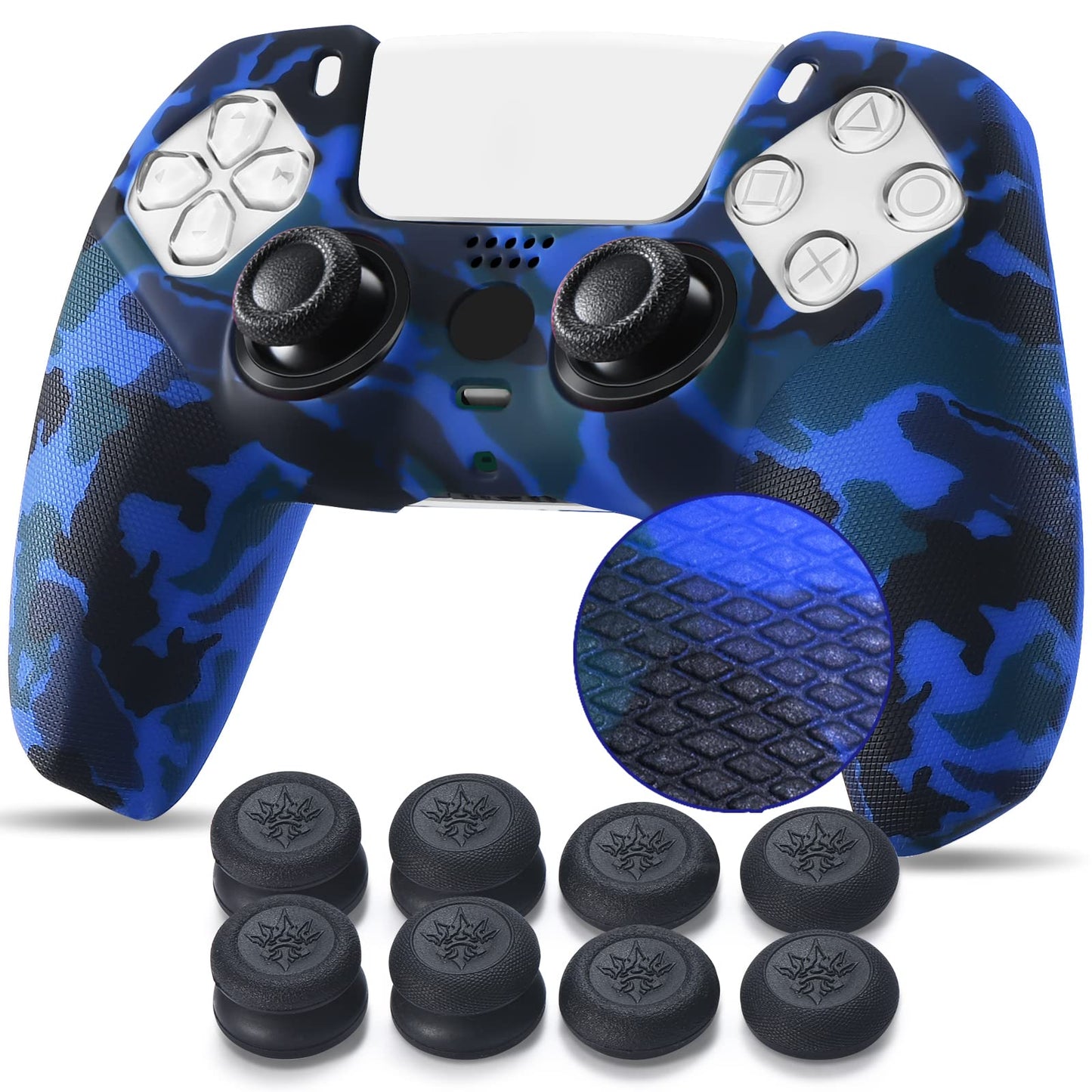 YoRHa Studded Printing Silicone Cover Skin Case for PS5 Controller x 1(Dark Blue) with Pro Thumb Grips x 10