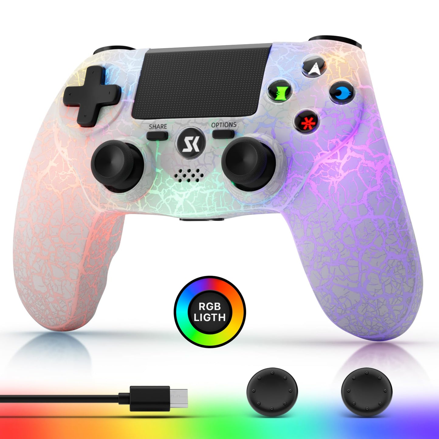 Wireless Controller for P-4 White Crack Custom Design Adjustable RGB Light 1000mAh Battery Double Vibration 6-Axis Built-in Speaker & 3.5mm Headphone Jack Gamepad Compatible with PlayStation 4