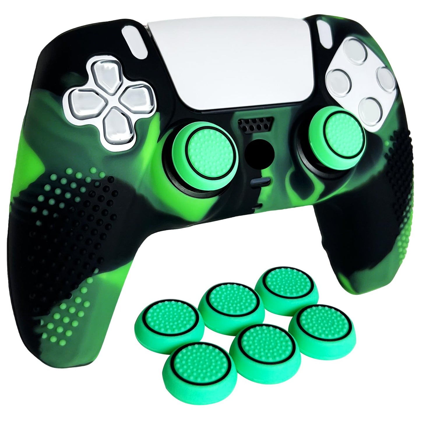 HLRAO Anti-Slip Green&Black Controller Skin Studded Edition Protective Silicone Cover Skin Grips Compatible with PS5/Slim/Pro Controller and 6 PCS Thumb Grips Caps.