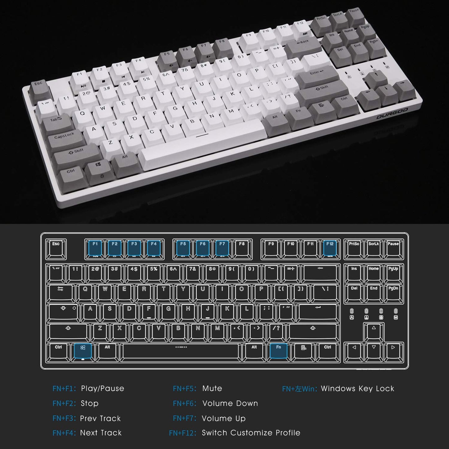 DURGOD Taurus K320 TKL Mechanical Gaming Keyboard - 87 Keys, NKRO, PBT, USB-C, Cherry Speed Silver, White
